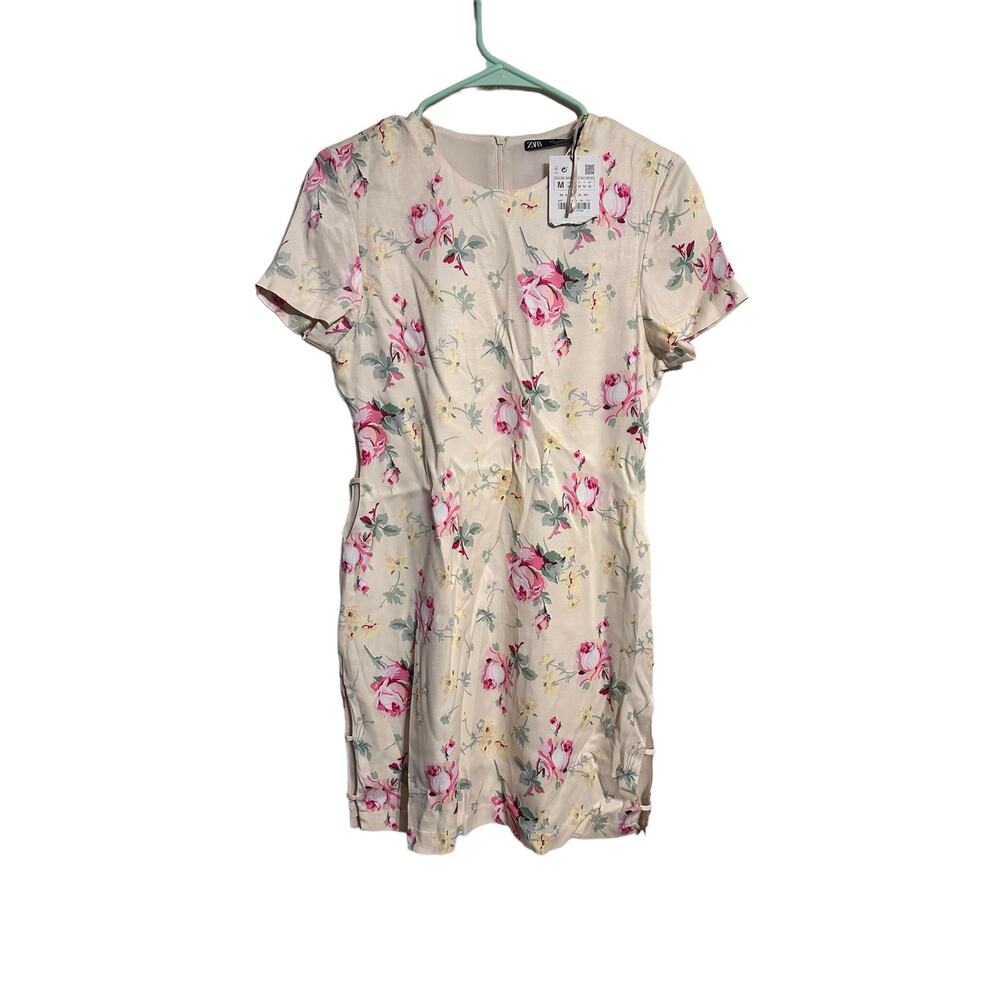 Zara Satin Effect Light Yellow Floral Mini Dress Cut Out Sides Size Medium NWT